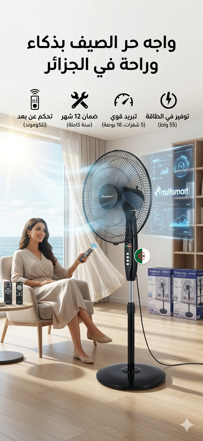 "مروحة Multismart الذكية 18 بوصة ! 🌪️" "ضمان 12 شهر